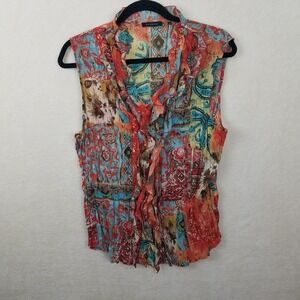 Le Caviar Womens‎ XL Sleeveless Ruffle Neck Blouse Orange Blue Print